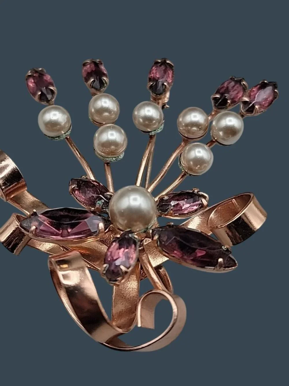 Vintage Large Amethyst Rhinestone Faux Pearl Rose Gold Plated Spray Brooch